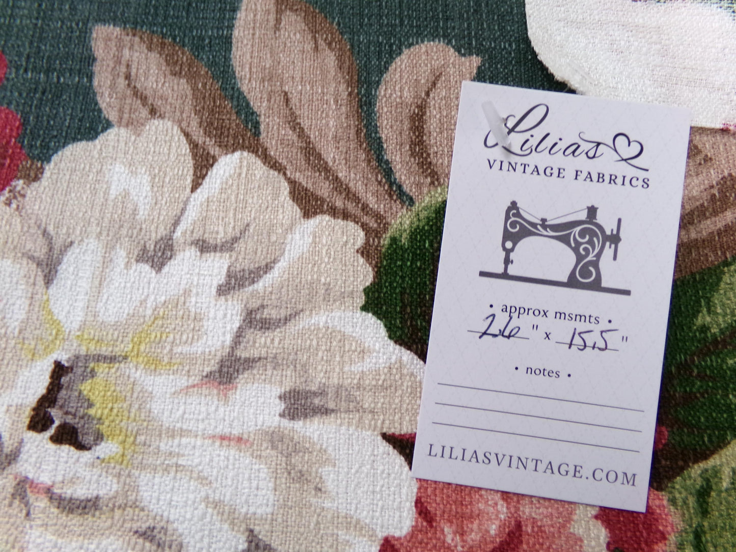 Vintage 1940s Style Repro Barkcloth Fabric Dark Green Cottage Garden Floral, 15.5" x 26"