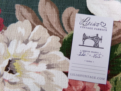 Vintage 1940s Style Repro Barkcloth Fabric Dark Green Cottage Garden Floral, 15.5" x 26"