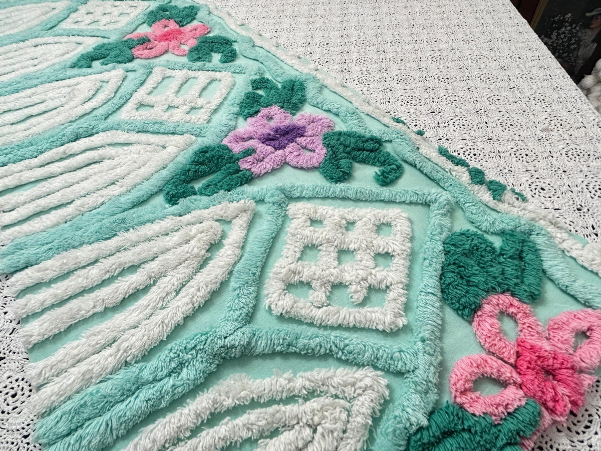 Seafoam Green Vintage Chenille Fabric, Plush Tropical Flowers 13x34" Piece