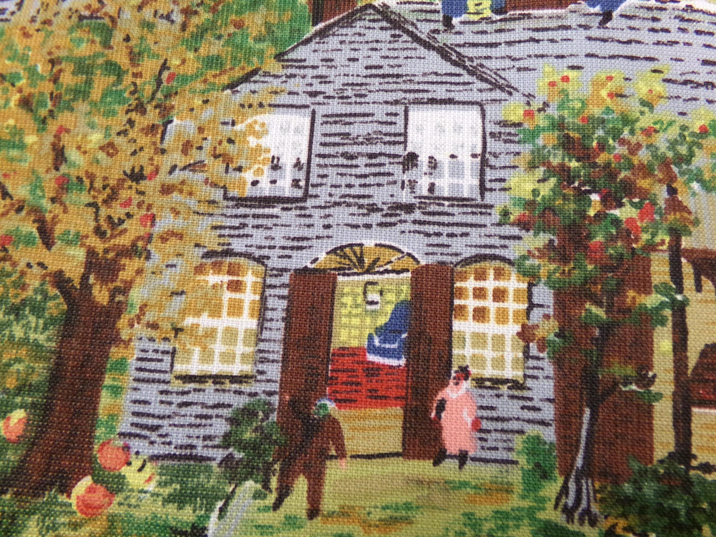 Grandma Moses HALLOWEEN Vintage Barkcloth Fabric, Midcentury Rustic Spooky Scene, 17" x 23"