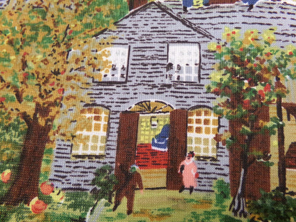Grandma Moses HALLOWEEN Vintage Barkcloth Fabric, Midcentury Rustic Spooky Scene, 17" x 23"