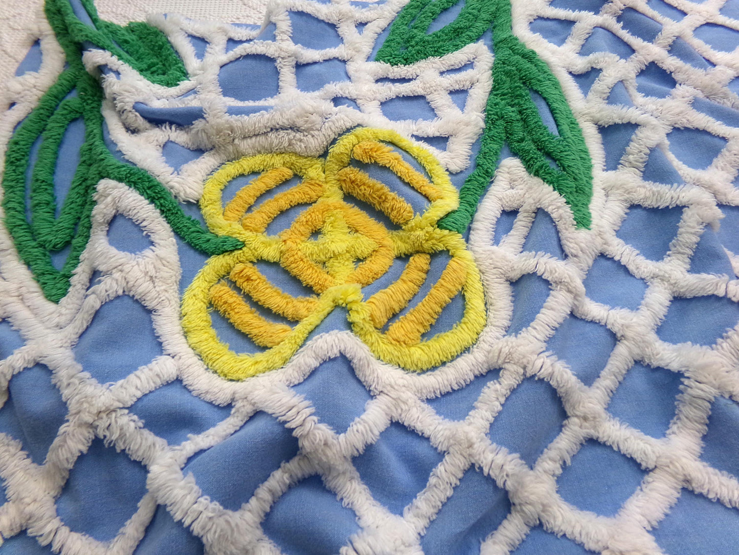 Vintage Blue Chenille Fabric, Yellow Flower on White Terrace Tuft, 22" x 23.5" Piece Sewing Quilt Material