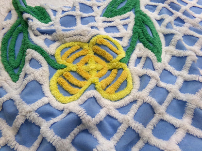 Vintage Blue Chenille Fabric, Yellow Flower on White Terrace Tuft, 22" x 23.5" Piece Sewing Quilt Material
