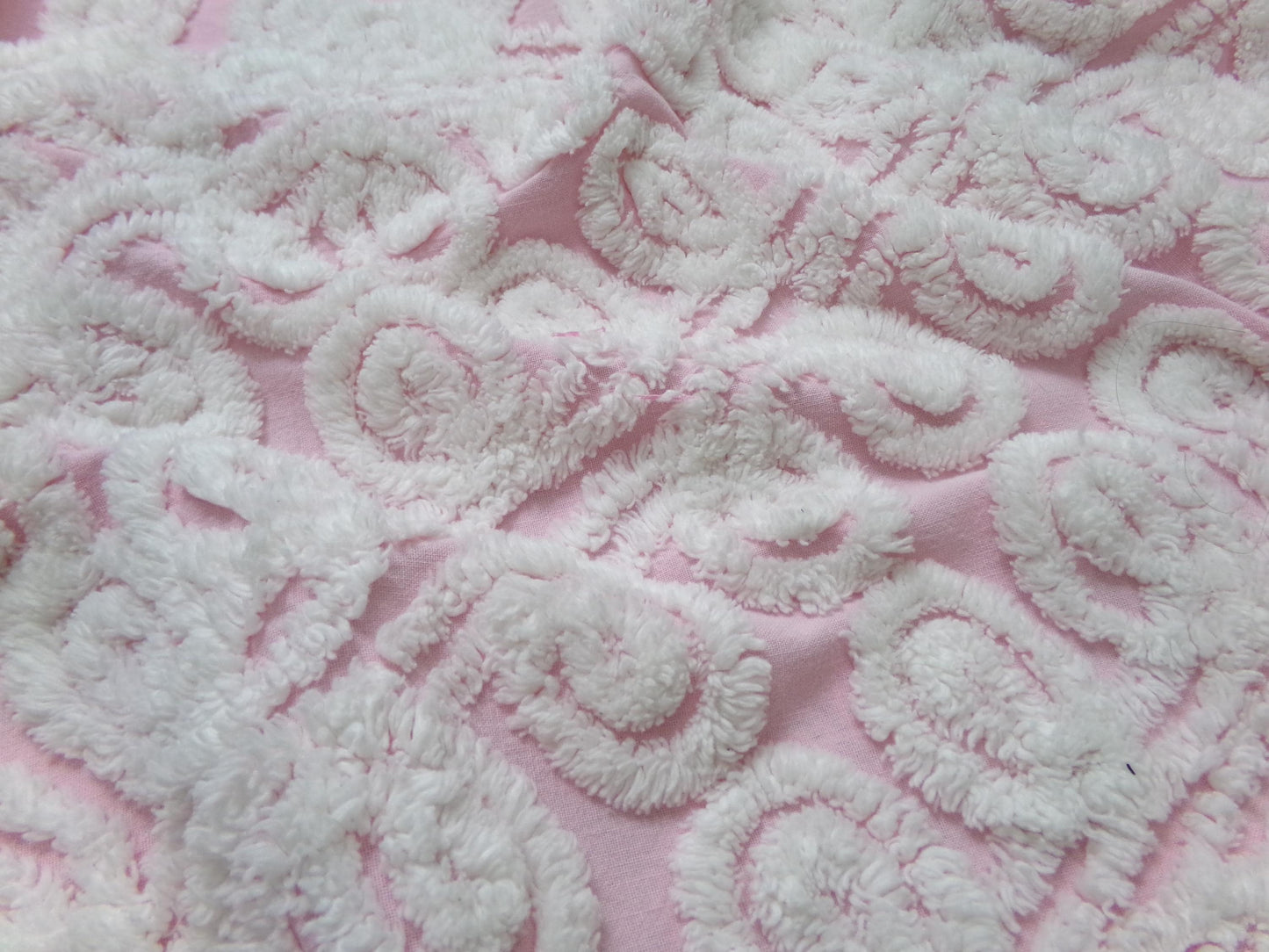 Cute Curlicues Vintage Chenille Fabric, Pink & White 16" x 23" piece
