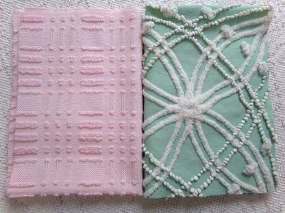 Vintage Chenille Fabric: 2 Pieces Quilt Material 12" x 18" each in Jade Green Tufts & Ballet Pink Dash Dots