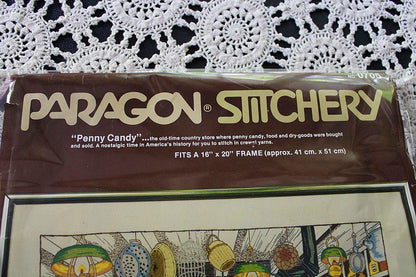 PENNY CANDY Vintage Paragon Stitchery Crewel Embroidery Kit # 0705, Nostalgic Old Fashioned Country Store Scene, Design by Adele Veres