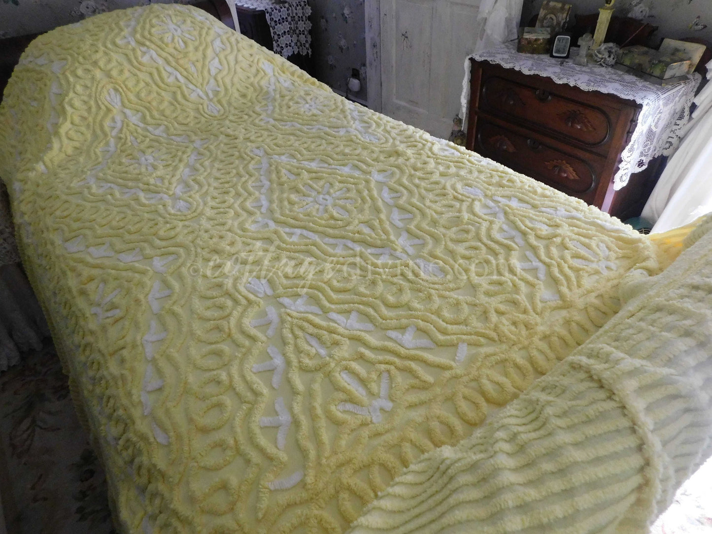Chenille Bedding, Delicious Lemon Chiffon Vintage Chenille Bedspread, Integrated Ruffle Skirt, Fitted Full Size