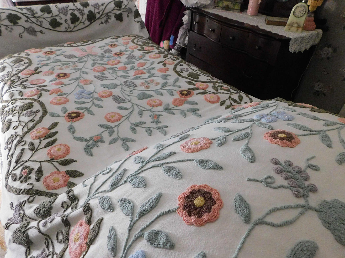 Wildflower Waltz Vintage Chenille Bedspread, Spectacular Summer Cottage Style Coverlet, Twin Size Cotton Bedding