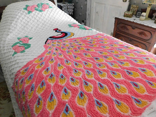 Sprawling Pink Peacock Vintage Chenille Bedspread, Rose Floral Accents on White 100% Cotton, Full Size