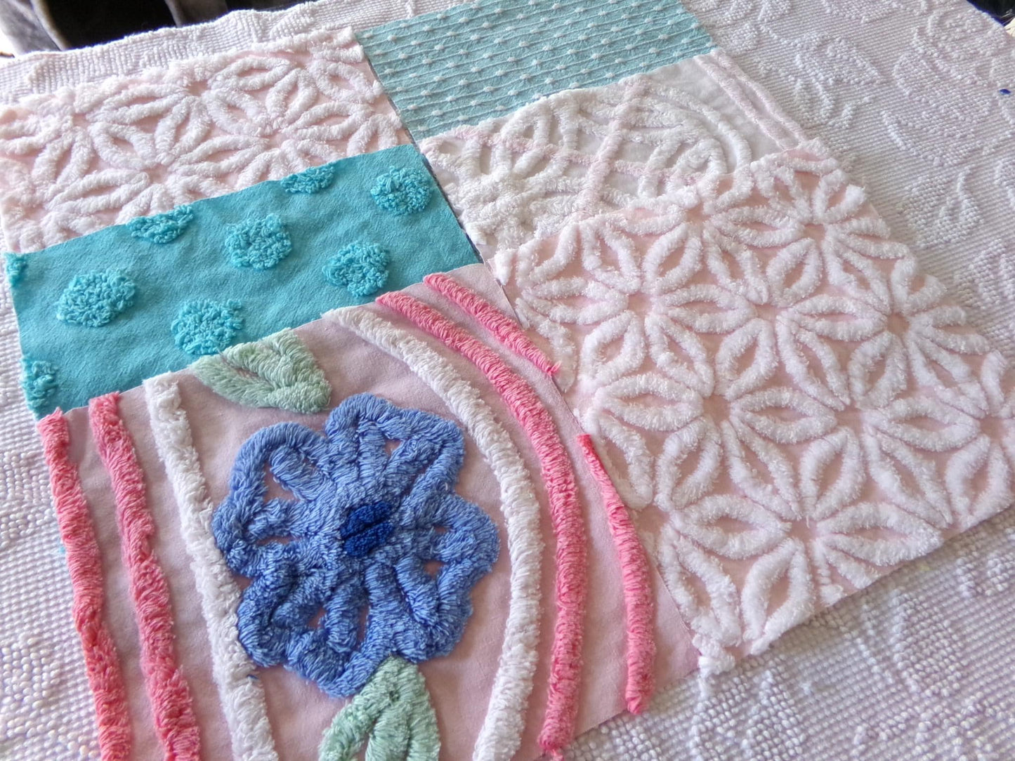 chenille fabric squares, set of 6 large 9.5" square quilt blocks from vintage chenille bedspreads, pretty daisy, plush floral, dots