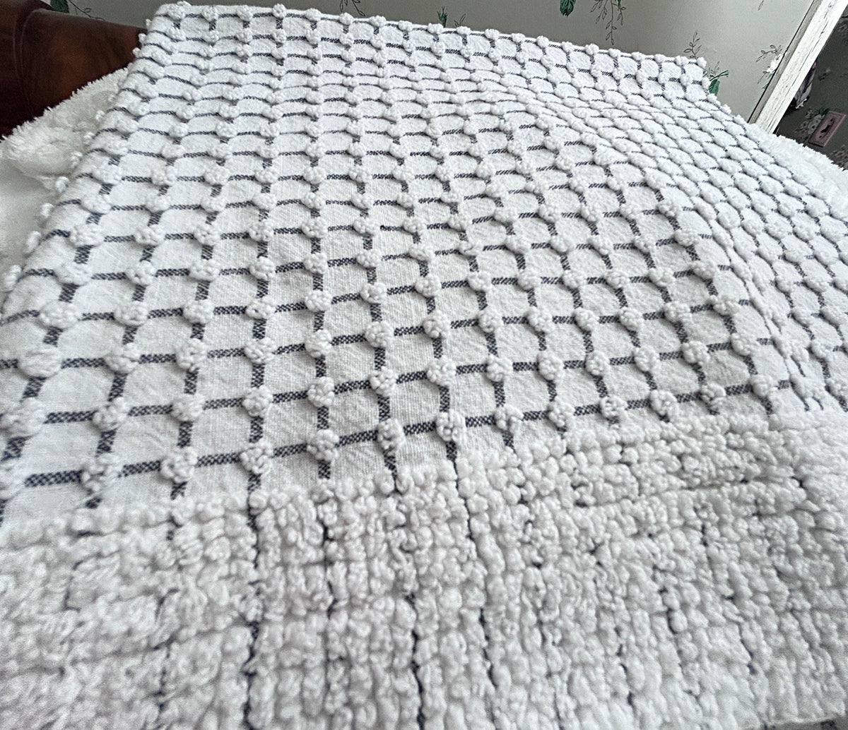 Black & White Vintage Chenille Fabric, Micro Grid Pops, Shaggy Edge Trim 20x20"
