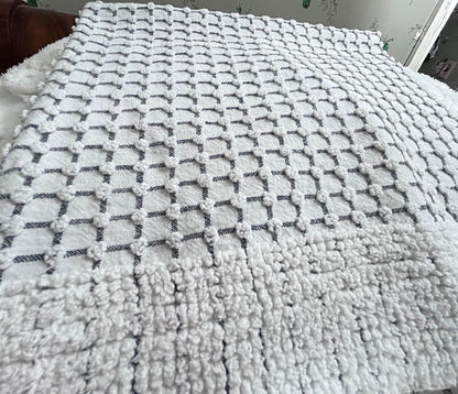 Black & White Vintage Chenille Fabric, Micro Grid Pops, Shaggy Edge Trim 20x20"