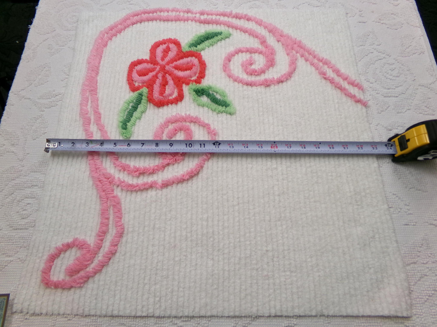 Vintage Chenille Fabric, Pink Flower Abstract Heart Piece Sewing & Quilt Material 22" x 23"