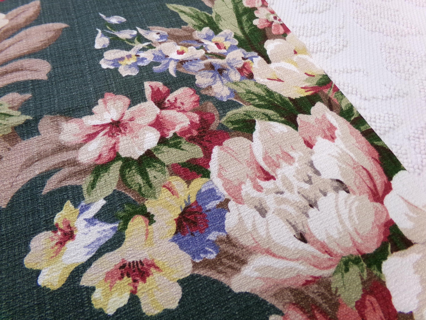 Vintage 1940s Style Repro Barkcloth Fabric Dark Green Cottage Garden Floral, 15.5" x 26"