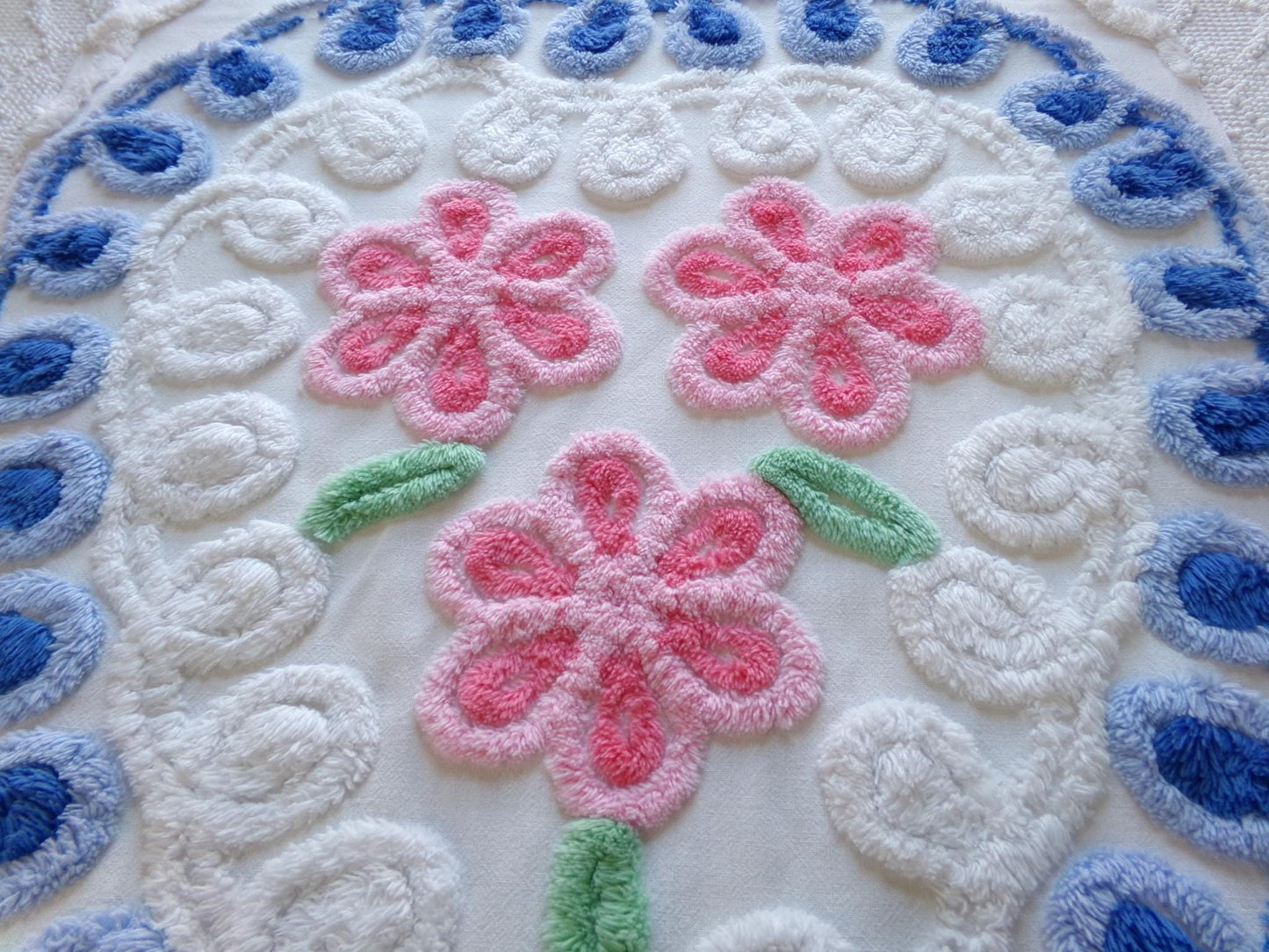 shabby heart vintage chenille fabric, pink roses w/ blue curlicue swirls, 18" x 22" piece of sewing material great for pillow