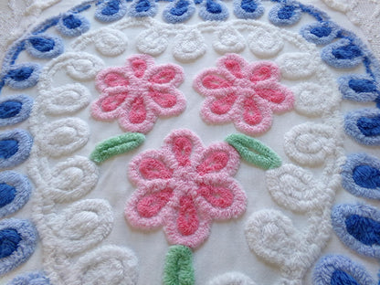 shabby heart vintage chenille fabric, pink roses w/ blue curlicue swirls, 18" x 22" piece of sewing material great for pillow