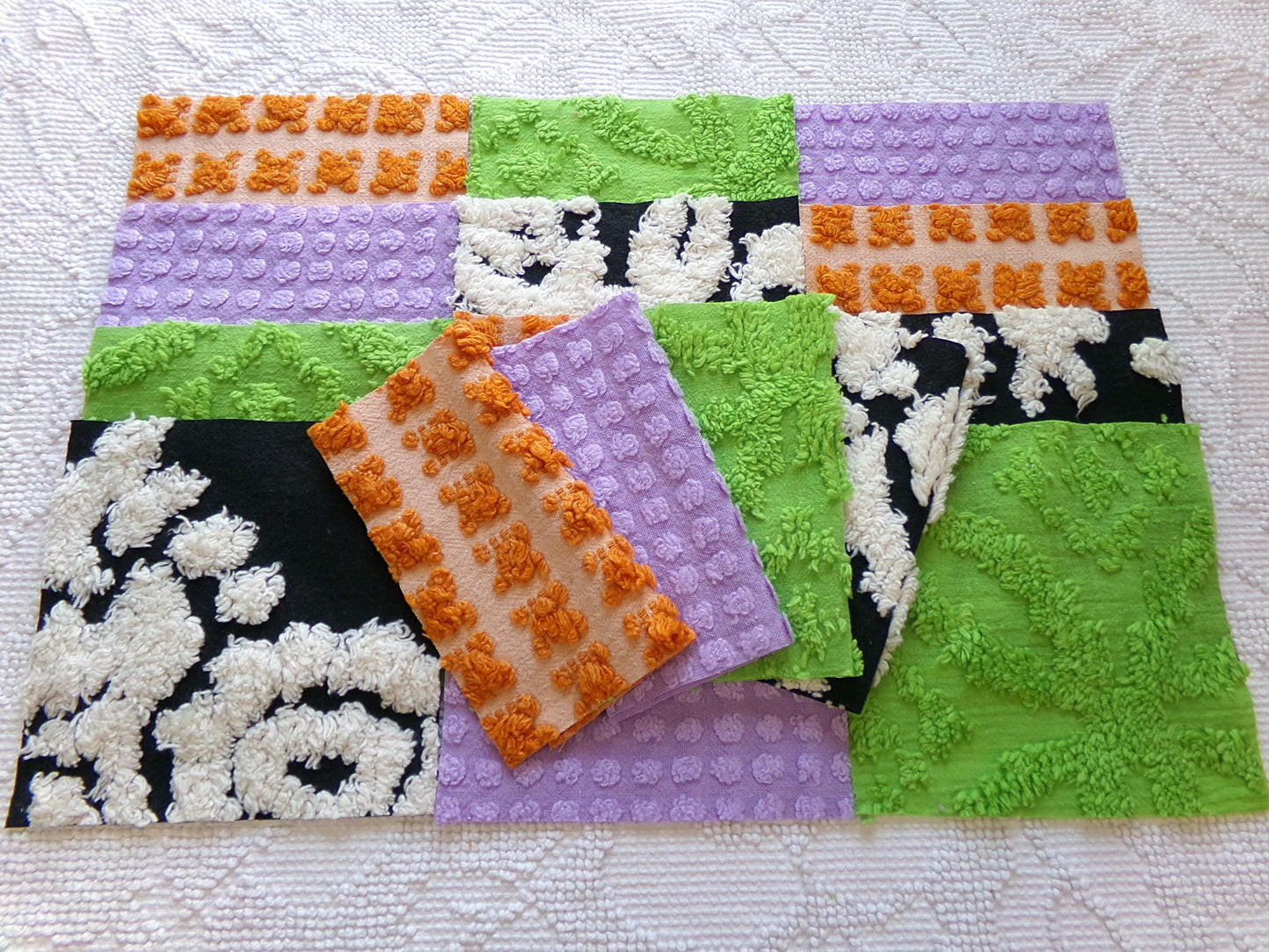 boho witchy vintage chenille fabric squares, set of 16 spellbinding 6" blocks for crafts, sewing in orange, black, green & lavender