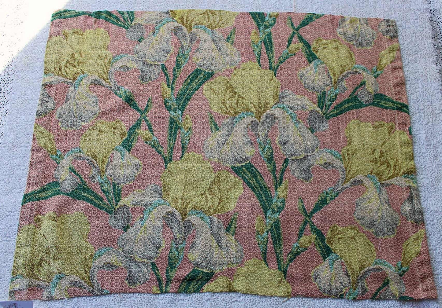 Vintage IRIS Floral Barkcloth Fabric Piece, 29.5" x 23" inches, Mauve Pink Rose & Old Fashioned Yellow Blooms, Deconstructed Curtain Panel