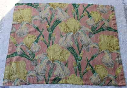 Vintage IRIS Floral Barkcloth Fabric Piece, 29.5" x 23" inches, Mauve Pink Rose & Old Fashioned Yellow Blooms, Deconstructed Curtain Panel
