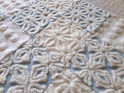 Breezy Blue & White Chenille Fabric Squares Set, 16 Vintage Quilt Blocks, 6" x 6" inches each, for Quilting, Sewing, DIY Pillows