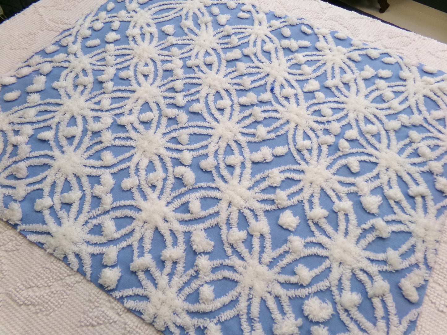 Blue & White Vintage Chenille Fabric Dimensional Snowflake Dots Quilting Craft Supply, 20" x 24"