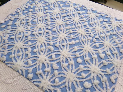 Blue & White Vintage Chenille Fabric Dimensional Snowflake Dots Quilting Craft Supply, 20" x 24"