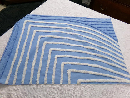 vintage chenille bedspread fabric, blue & white wave design, 27" x 19"