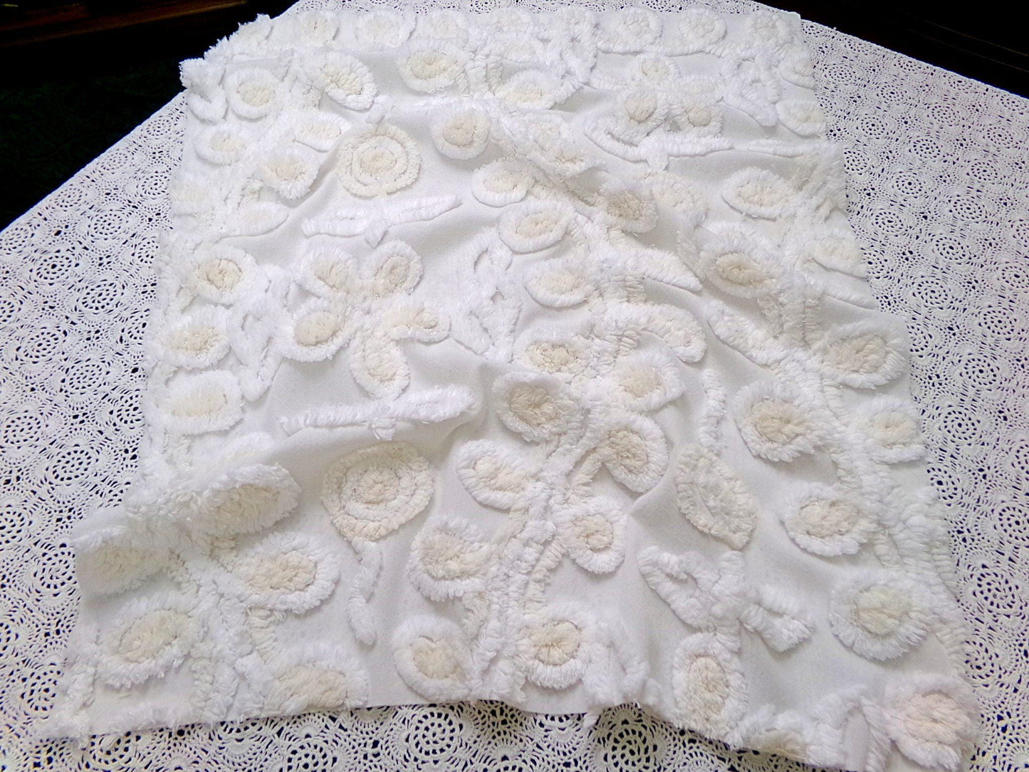 Vanilla Twist Vintage Chenille Fabric Piece 20x25" Floral Curlicue Craft Sewing Material