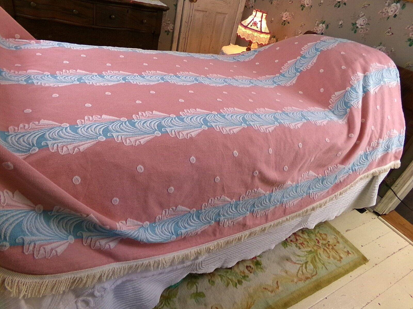 old hollywood regency style vintage woven bedspread, pink fieldcrest twin coverlet