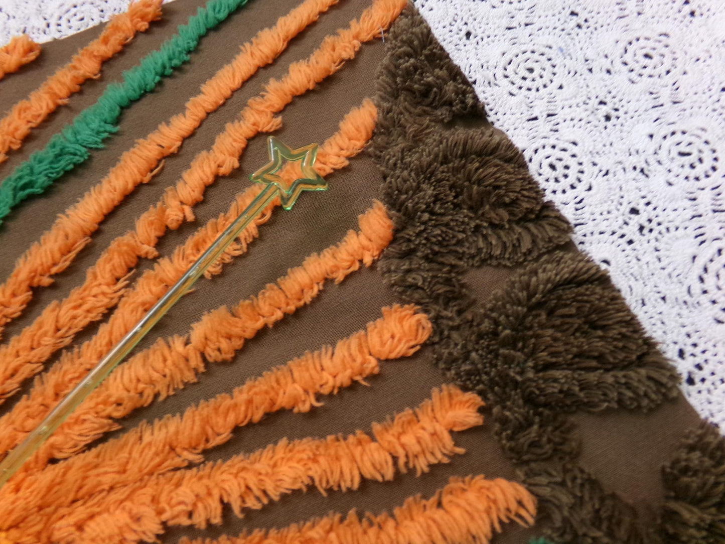 peacock feathers vintage chenille bedspread fabric boho exotic plumes brown orange 14.5x19.5"