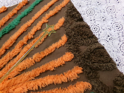 peacock feathers vintage chenille bedspread fabric boho exotic plumes brown orange 14.5x19.5"