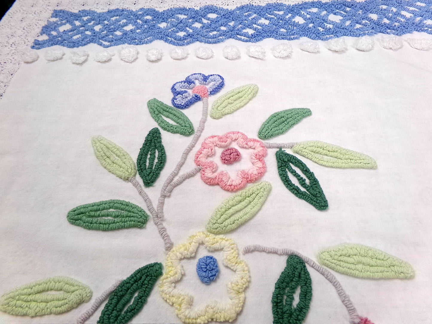 cottage style vintage chenille bedspread fabric 17x24" blue white floral