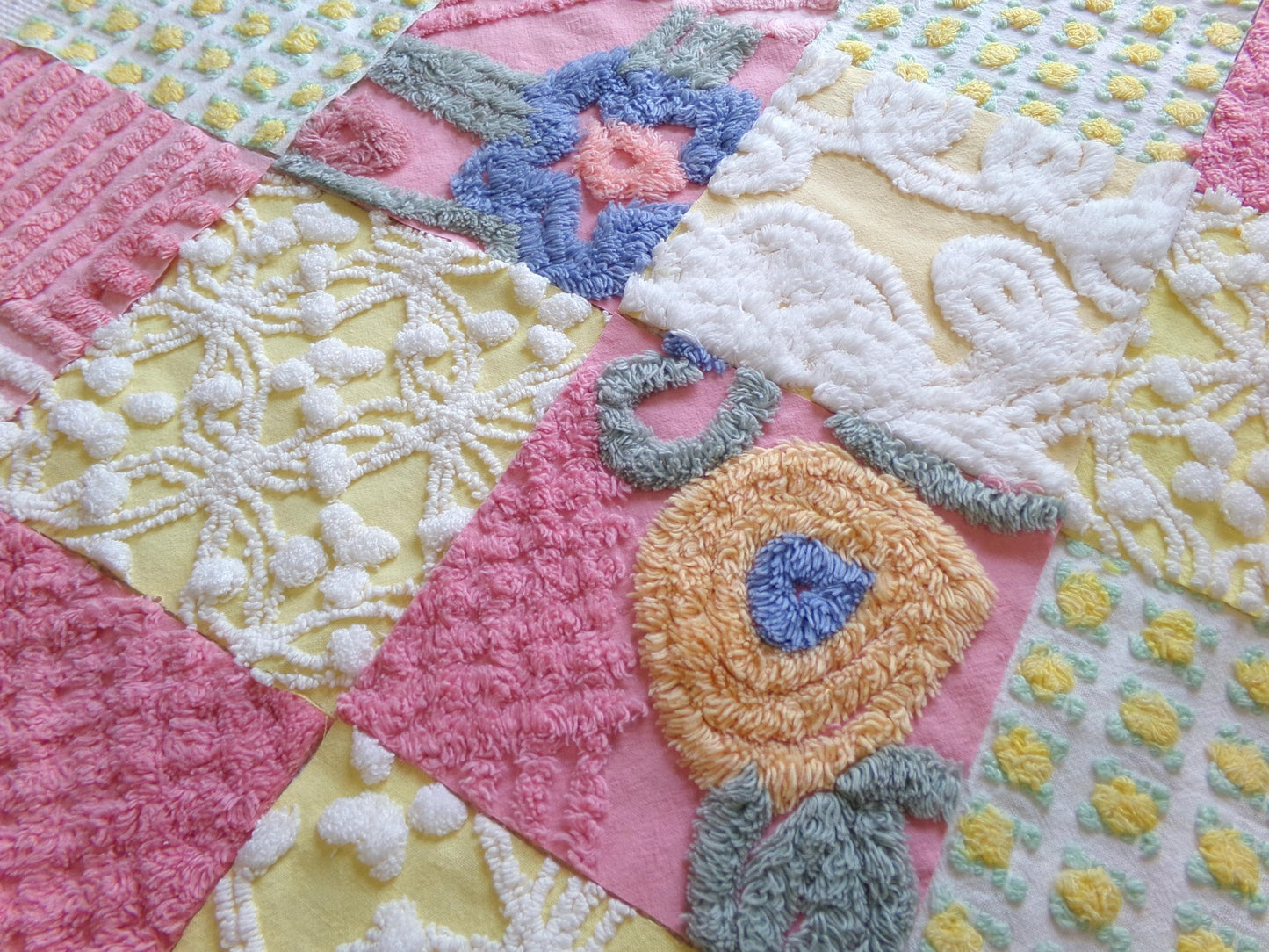 vintage chenille fabric squares, "buttercup baby" set of 16 floral 6" quilt blocks in colorful pink & yellow, for quilting, crafts, sewing