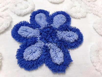 Blueberry Swirl Vintage Chenille Bedspread Fabric, Coastal Blue & White Daisy 16.5x25"