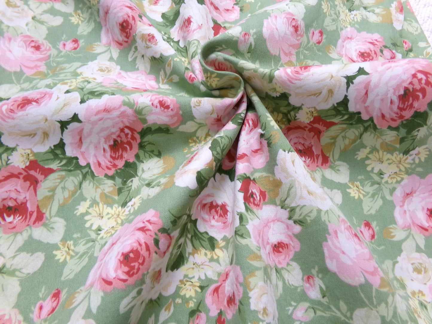 Vintage Cotton Quilt Fabric English Rose Floral Pink Green Shabby Chic Cottage 30" x 36"