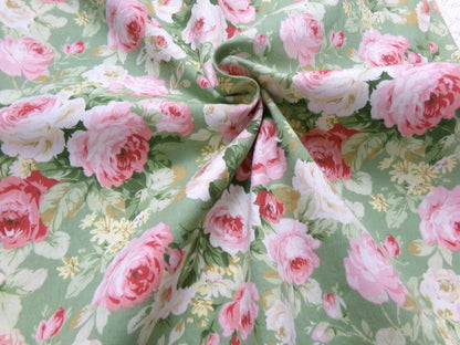 Vintage Cotton Quilt Fabric English Rose Floral Pink Green Shabby Chic Cottage 30" x 36"