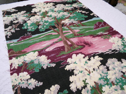 Moody Surreal Vintage Barkcloth Fabric Spooky Black Pink Mystic Winding Path, 20" x 35"