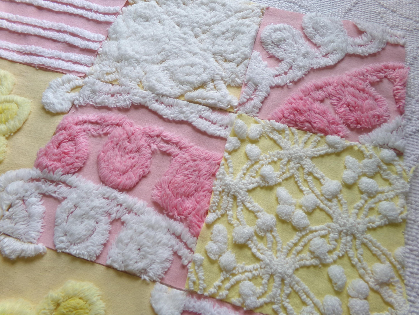 vintage chenille fabric squares, "sunshine smiles" set of 16 pink & yellow floral 6" quilt blocks for quilting, crafts, sewing