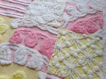 vintage chenille fabric squares, "sunshine smiles" set of 16 pink & yellow floral 6" quilt blocks for quilting, crafts, sewing