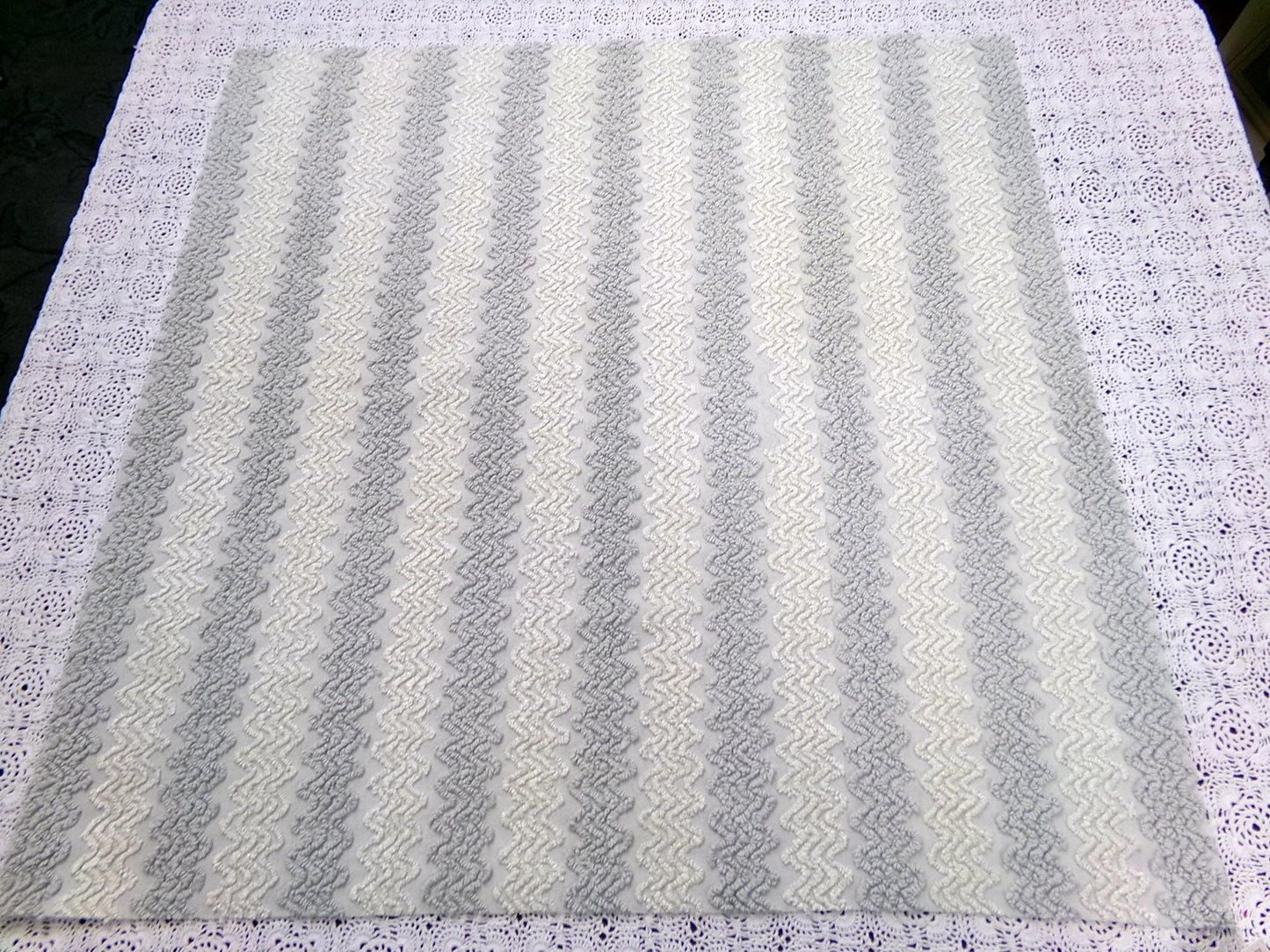Vintage Chenille Fabric, Grey White Zig Zag Texture 23x23" Quilt Material