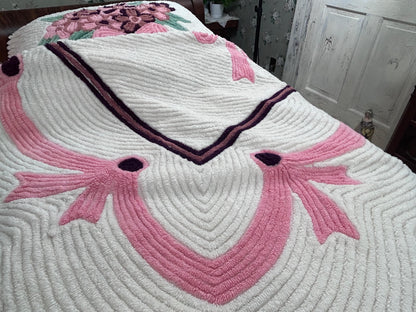 Heirloom Vintage Chenille Bedspread, Plush Full Floral Bouquet & Bow Swag Design