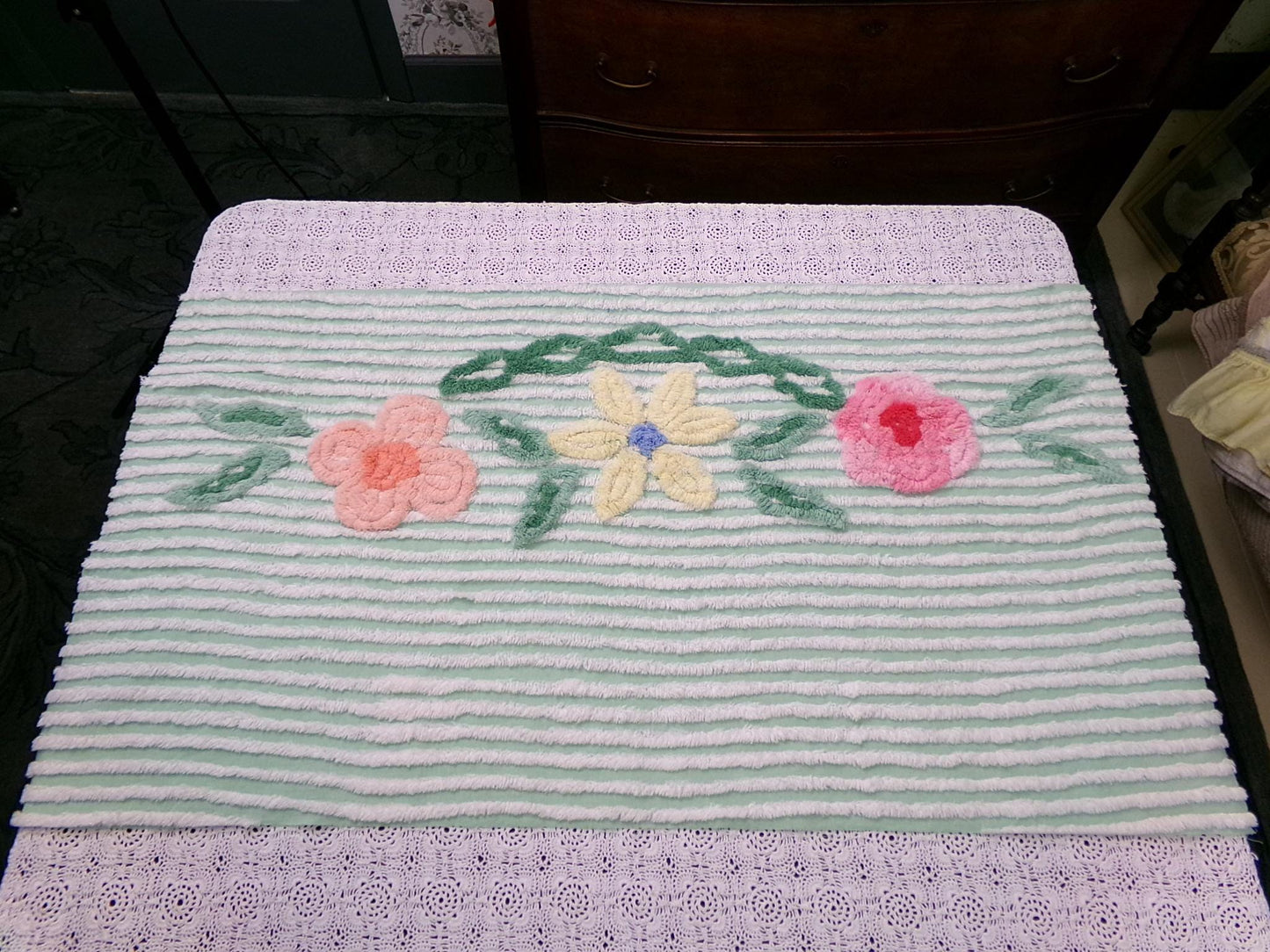 Mint Green Floral Vintage Chenille Bedspread Fabric Piece 18x33"