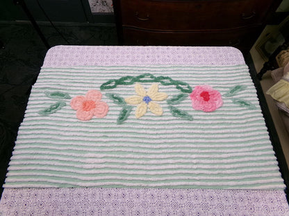 Mint Green Floral Vintage Chenille Bedspread Fabric Piece 18x33"