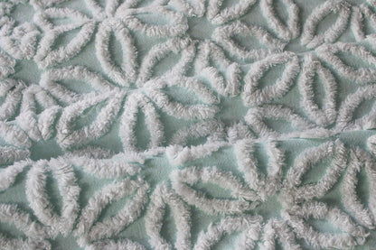aqua & white daisy vintage chenille fabric, 20" x 24" piece of cottage style sewing quilt material