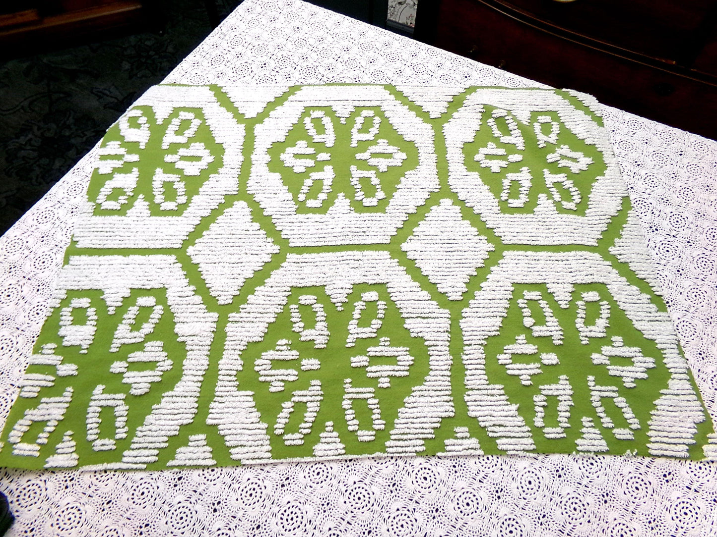 Boho Vintage Chenille Bedspread Fabric, Avocado Green White Daisy 19" x 26" cut piece