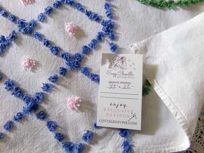 Jumbo Pink Flowers Vintage Chenille Material, 33" x 22" inch Fabric Piece, Blue Diamonds Tufts with Victorian Fringe Edge, Exquisite Design