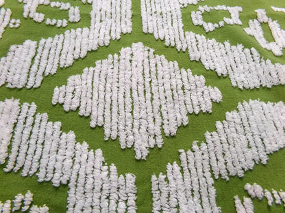Boho Vintage Chenille Bedspread Fabric, 70s Green White Daisy 19x26" Lightweight Pc