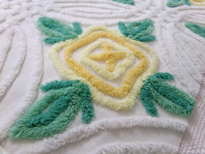 yellow cabbage rose vintage chenille bedspread fabric, cottage charm quilt material, 23" x 25" piece