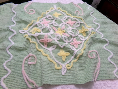 Vintage Chenille Fabric Piece, Mint Green Floral Cottage Chic Quilt Material 24" x 38"