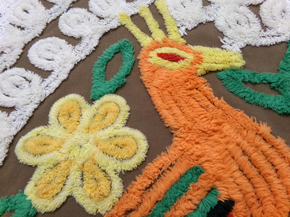 boho peacock vintage chenille bedspread fabric exotic bird brown orange 13x21" small piece